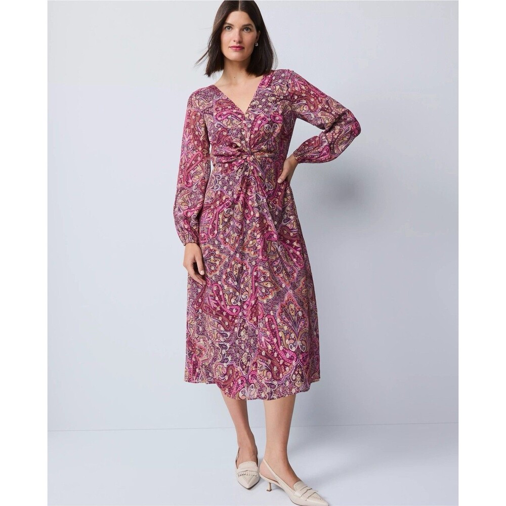 Ann Taylor Draped Paisley Midi Dress Purple Pink Metallic Women’s 16
